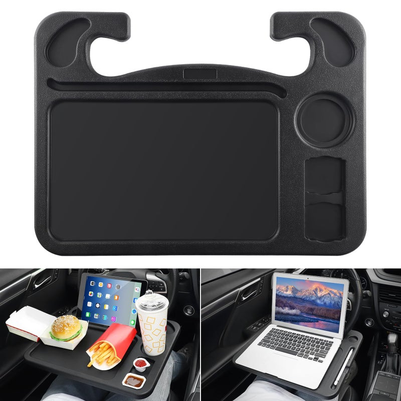 JUSTTOP 4 In 1 Car Steering Wheel Desk for LaptopVersatile Upgraded Car Seat Tray Spacious Steering Wheel Table With Tablet Holder and Dual Sauce RacksSteering Wheel Under Table Console Large