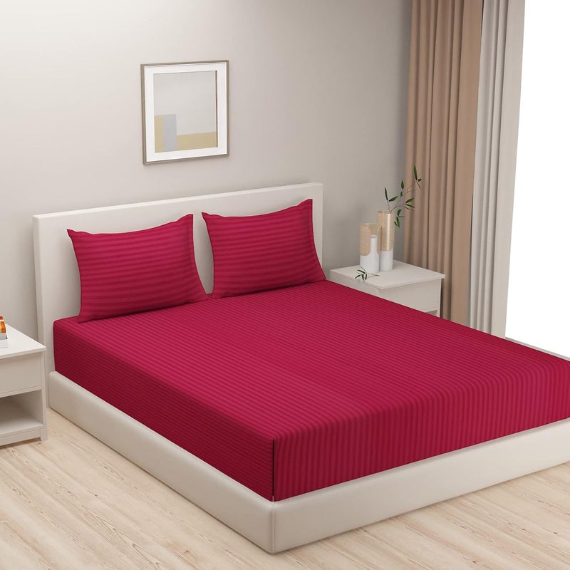 Swayam Swayam Super Soft Microfiber Double Bedsheet with 2 Pillow Covers and a Jute Bag Solid Strips Design Double Bed Bedsheet with 2 Pillow Cover Maroon  - Image 1