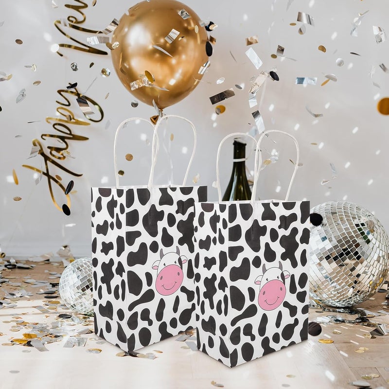 CONGARTENO 12pcs Cow Pattern Kraft Paper Bags with Handles Monochrome Paper Shopping Tote Bags for Wrapping Party Favor Packaging - Image 5
