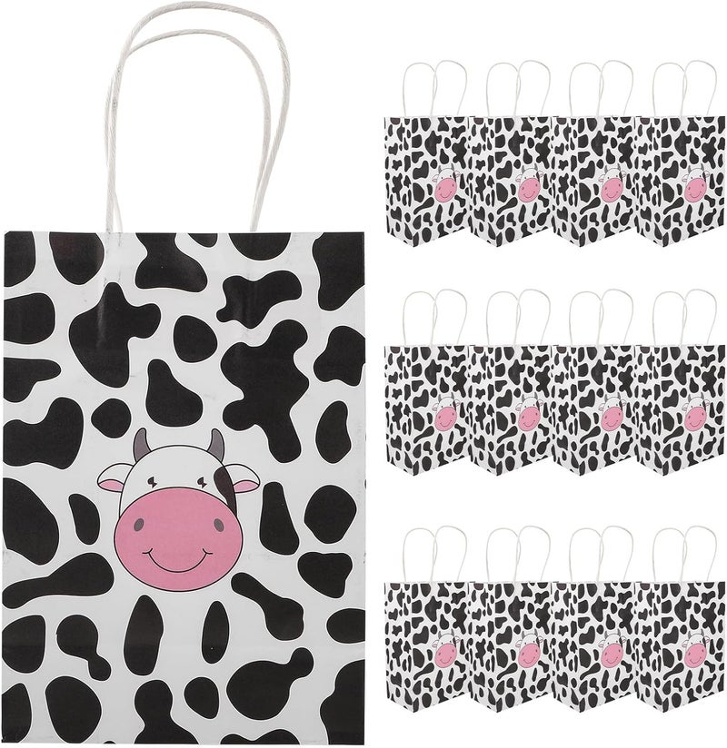 CONGARTENO 12pcs Cow Pattern Kraft Paper Bags with Handles Monochrome Paper Shopping Tote Bags for Wrapping Party Favor Packaging - Image 1