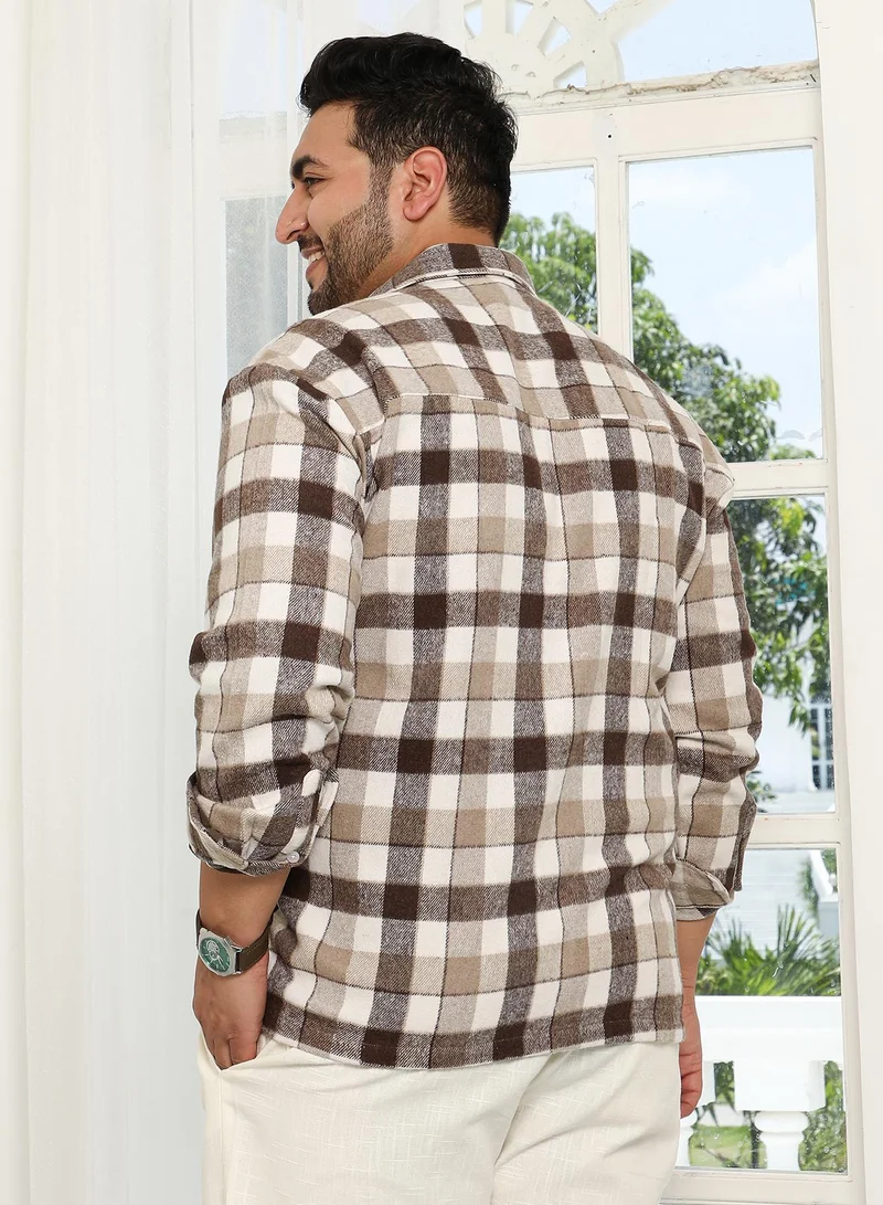 Instafab Plus Instafab Plus Men's Brown & Beige Buffalo-Check Utility Shacket For Casual Wear | Spread Collar | Long Sleeve | Button Closure | Plus Size Overshirt/Shacket Crafted With Comfort Fit For Everyday Wear