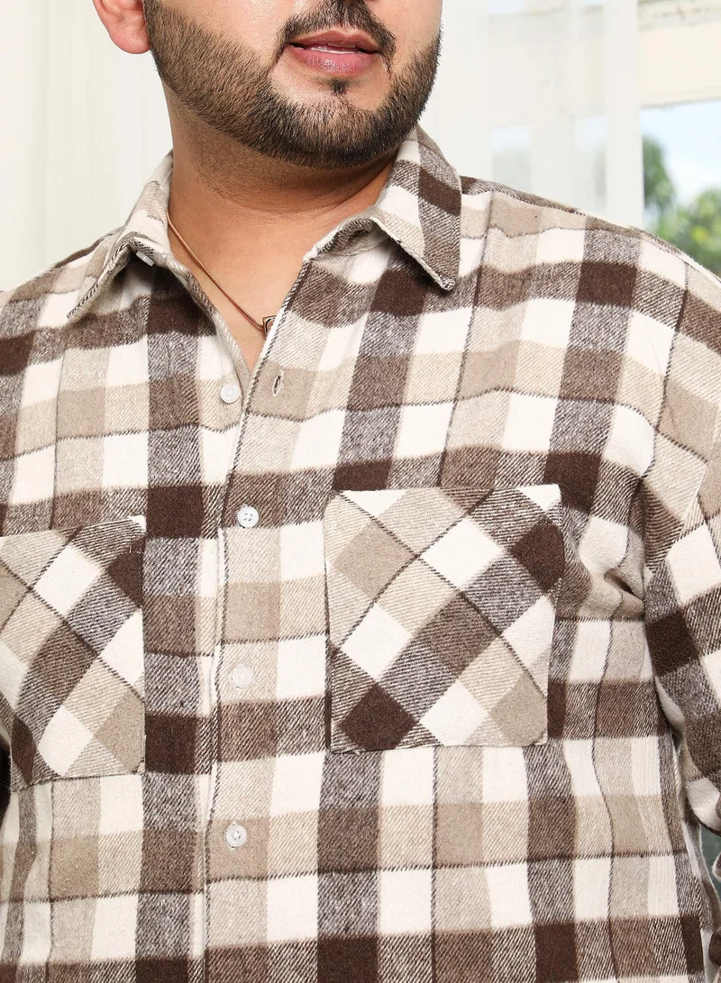 Instafab Plus Instafab Plus Men's Brown & Beige Buffalo-Check Utility Shacket For Casual Wear | Spread Collar | Long Sleeve | Button Closure | Plus Size Overshirt/Shacket Crafted With Comfort Fit For Everyday Wear