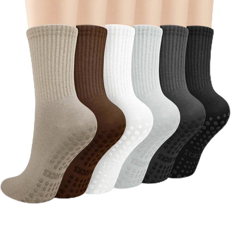 Justay 6 Pairs Pilates Socks with Grips for Women Soft Non Slip Crew Cotton Athletic Workout Barre Hospital Yoga Socks - Image 1