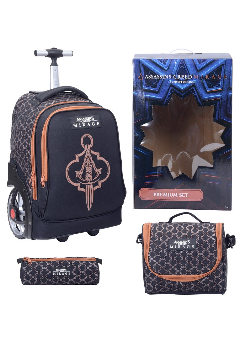Ubisoft مجموعة حقائب ترولي بعجلات كبيرة 3 قطع من أساسنز كريد ميراچ - حقائب سفر ومدرسة متميزة مع حقيبة ظهر، حقيبة غداء وحافظة أقلام - إصدار ألعاب سوداء للأولاد (أصلي من يوبيسوفت) - Image 1