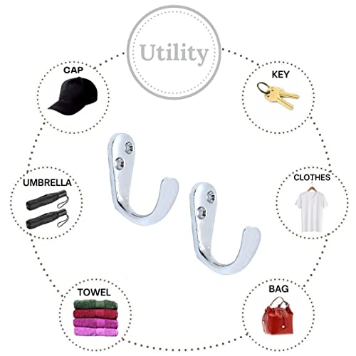 FAPBADRI Multipurpose Hooks, Used to Hang Clothes, Bags, Coats, Curtain Hold Backs, Keys, Silver Colour, Material - White Metal, Screws and Wallplugs Included, Pack of 2 Pieces - Image 4