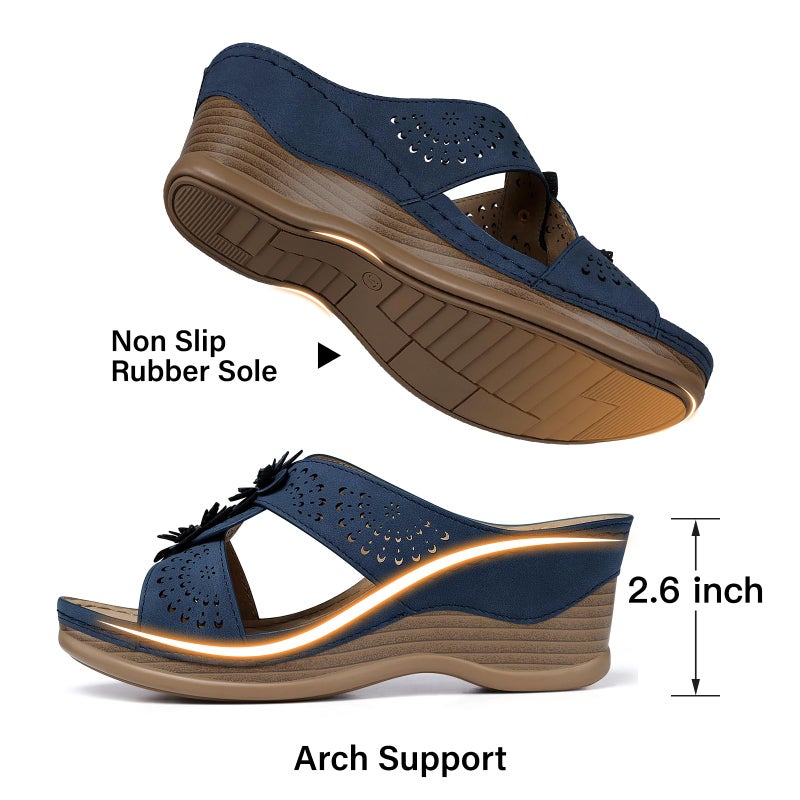 TEMOFON Womens Wedge Sandals Leather: Low Heels Platform Women Summer Wedge Sandals Navy Dressy Slip on Casual Comfortable Walking Size 7 - Image 5
