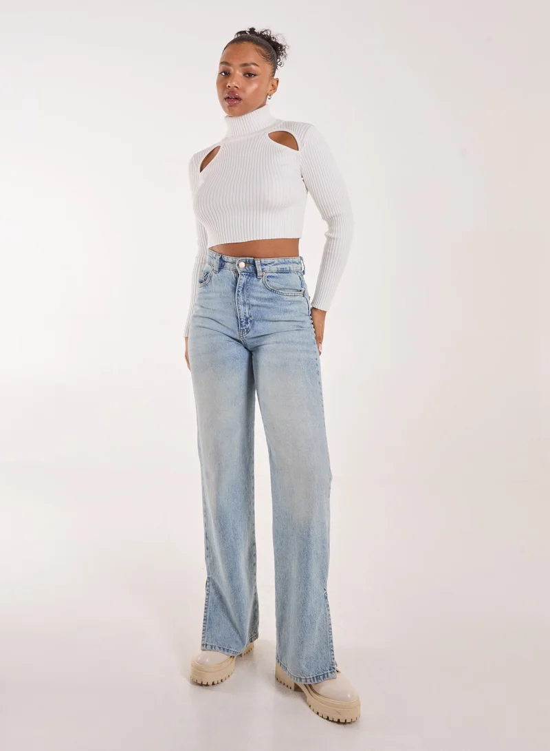 Pink Vanilla Ribbed Roll Neck Jumper With Cut Out Detail