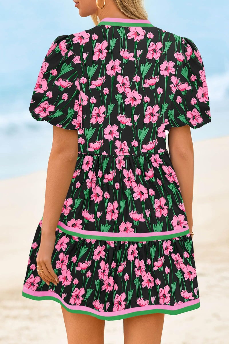 Cicy Bell Womens V Neck Floral Mini Dress Short Puff Sleeve Patchwork Summer Casual Boho Dresses Black - Image 3
