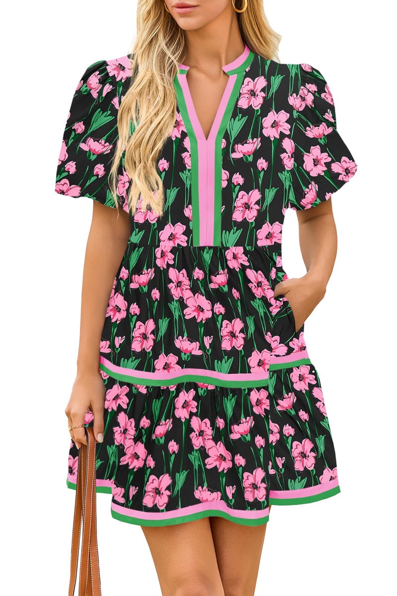 Cicy Bell Womens V Neck Floral Mini Dress Short Puff Sleeve Patchwork Summer Casual Boho Dresses Black - Image 1