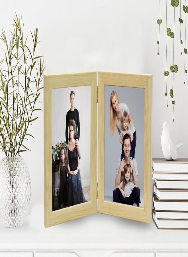 KDM HOME DECOR إطار صور مشترك للزوجين من KDM HOME DECOR، مقاس 4×6 بوصة، مصنوع من الخشب الصناعي المرن والزجاج (أكريليك)، قابل للطي، يُوضع على الطاولة (يتسع لصورتين مقاس 4×6 بوصة)، لون الخشب الطبيعي - Image 1