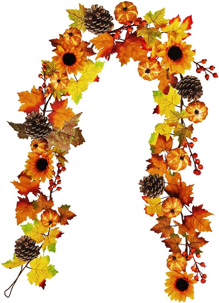 Winlyn Fake Fall Maple Leaf Garland Hanging Vine 6 Feet Artificial Berries Sunflower Pumpkin Autumn Decoration for Wedding Party Thanksgiving Dinner Fireplace Door Frame Doorway Backdrop Decor - Image 1