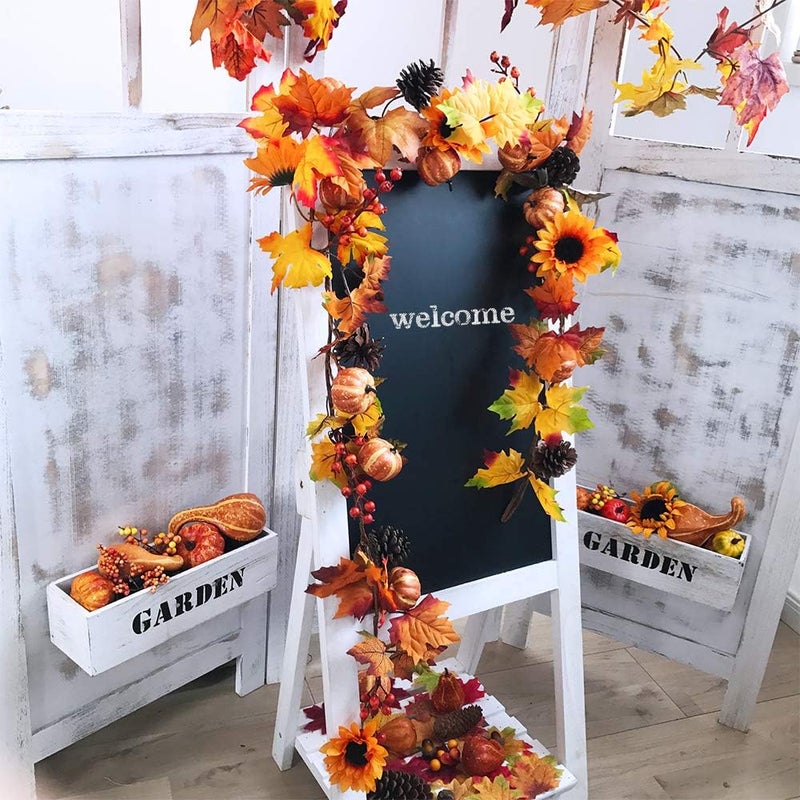 Winlyn Fake Fall Maple Leaf Garland Hanging Vine 6 Feet Artificial Berries Sunflower Pumpkin Autumn Decoration for Wedding Party Thanksgiving Dinner Fireplace Door Frame Doorway Backdrop Decor - Image 4