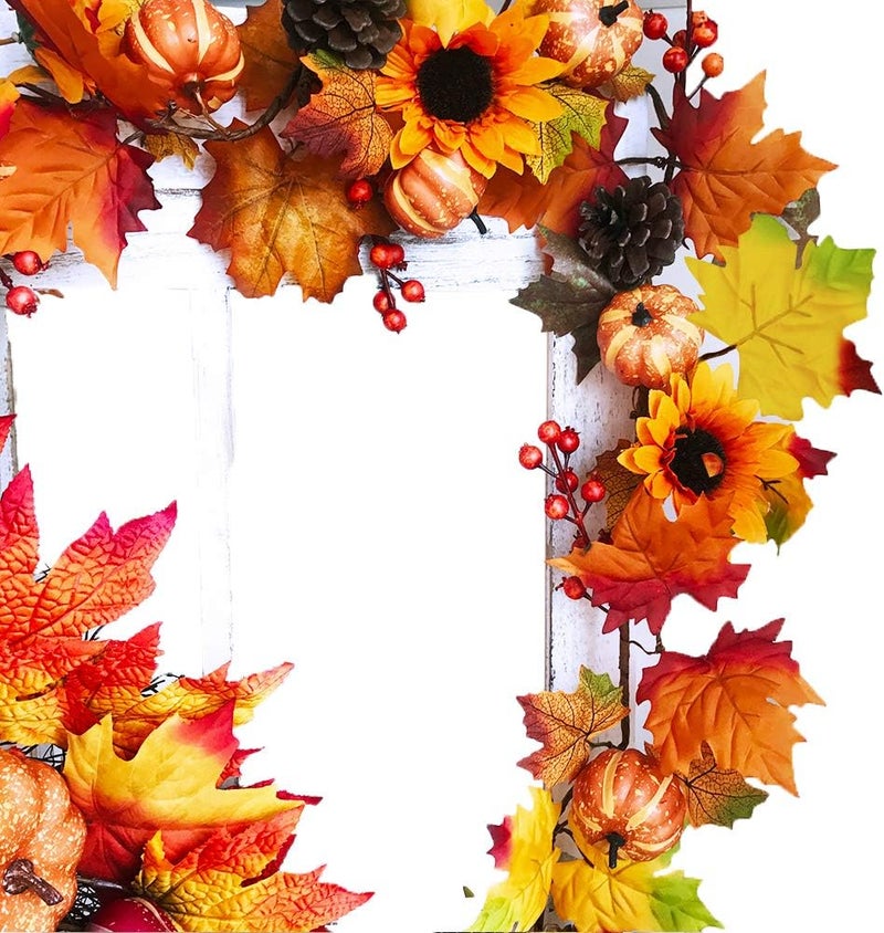 Winlyn Fake Fall Maple Leaf Garland Hanging Vine 6 Feet Artificial Berries Sunflower Pumpkin Autumn Decoration for Wedding Party Thanksgiving Dinner Fireplace Door Frame Doorway Backdrop Decor - Image 2