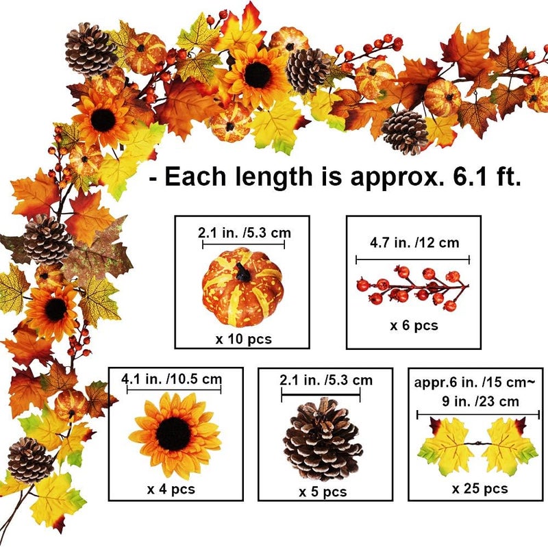 Winlyn Fake Fall Maple Leaf Garland Hanging Vine 6 Feet Artificial Berries Sunflower Pumpkin Autumn Decoration for Wedding Party Thanksgiving Dinner Fireplace Door Frame Doorway Backdrop Decor - Image 3