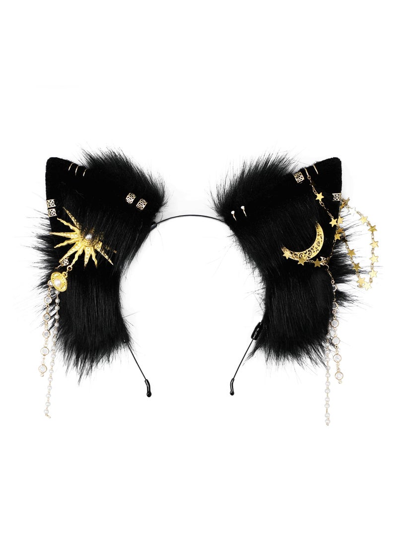 Cat Ears Headwear, Handmade Animal Faux Fur Headwear, Adjustable Headband for Cosplay, Party Costume Accessory for Women  Kids, Black Color - Image 1