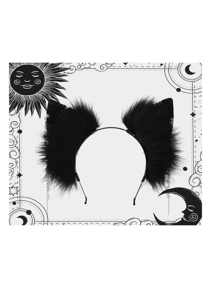 Cat Ears Headwear, Handmade Animal Faux Fur Headwear, Adjustable Headband for Cosplay, Party Costume Accessory for Women  Kids, Black Color - Image 2