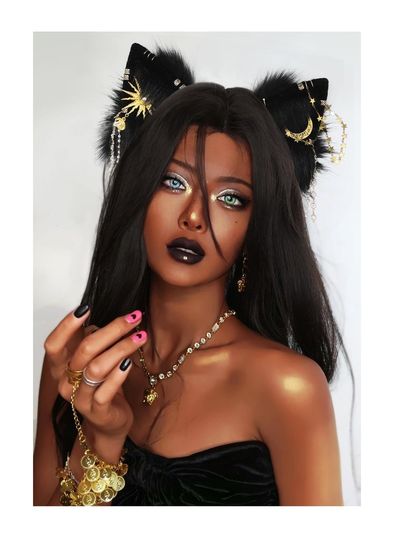 Cat Ears Headwear, Handmade Animal Faux Fur Headwear, Adjustable Headband for Cosplay, Party Costume Accessory for Women  Kids, Black Color - Image 5