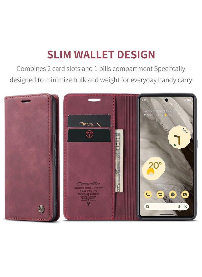 CaseMe - CaseMe Google Pixel 7A Case Wallet, for Google Pixel 7A Wallet Case Book Folding Flip Folio Case with Magnetic Kickstand Card Slots Protective Cover - Wine - Image 1