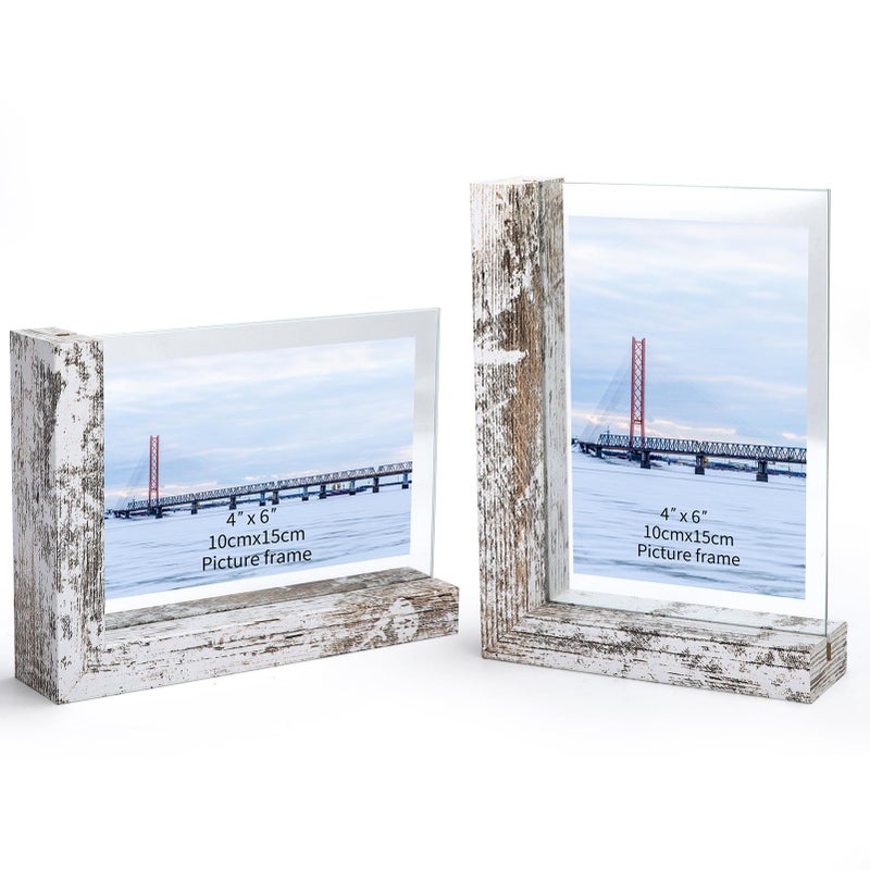 Lavezee 4x6 Picture Frames Set of 2 Double Sided Frame with Distressed White L Shaped Holder Stand for 4 by 6 Photo Art Desktop or Tabletop Decor