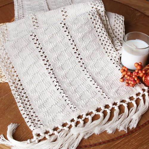 Fexia Table Runner with Tassels Boho Macrame 72 Inches Long Cream Rustic Table Runner for Home Farmhouse Bohemian Dining Bedroom Decor Baby Bridal Shower12x72 Inches