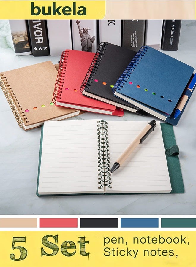 كيلا دفتر ملاحظات حلزوني مع قلم وحامل أقلام، وملاحظات لاصقة، وعلامات صفحات، وعلامة فهرس ملونة، بغلاف ورقي كرافت 4.73 × 5.9 بوصة، دفتر ملاحظات صغير للجيب (5 ألوان: أسود/أحمر/بني/أزرق/أخضر، عبوة من 5 قطع) - Image 1