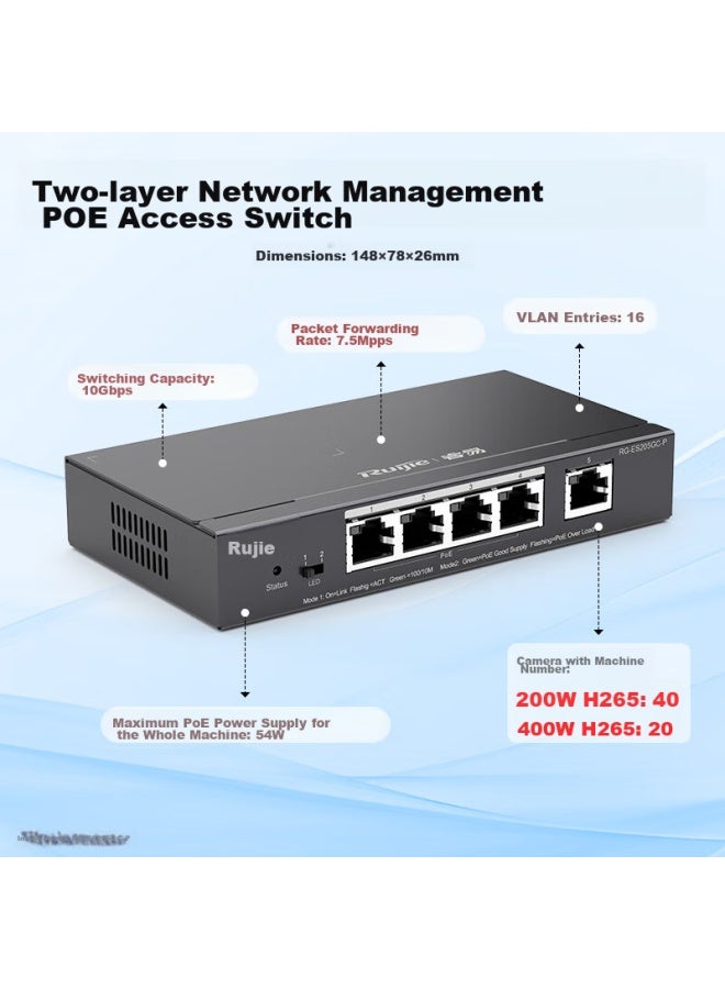 Ruijie مفتاح رويجي 5 منافذ جيجابت بو إي RG-ES205GC طبقة 2 مُدار لمشاريع مراقبة المكاتب - Image 1