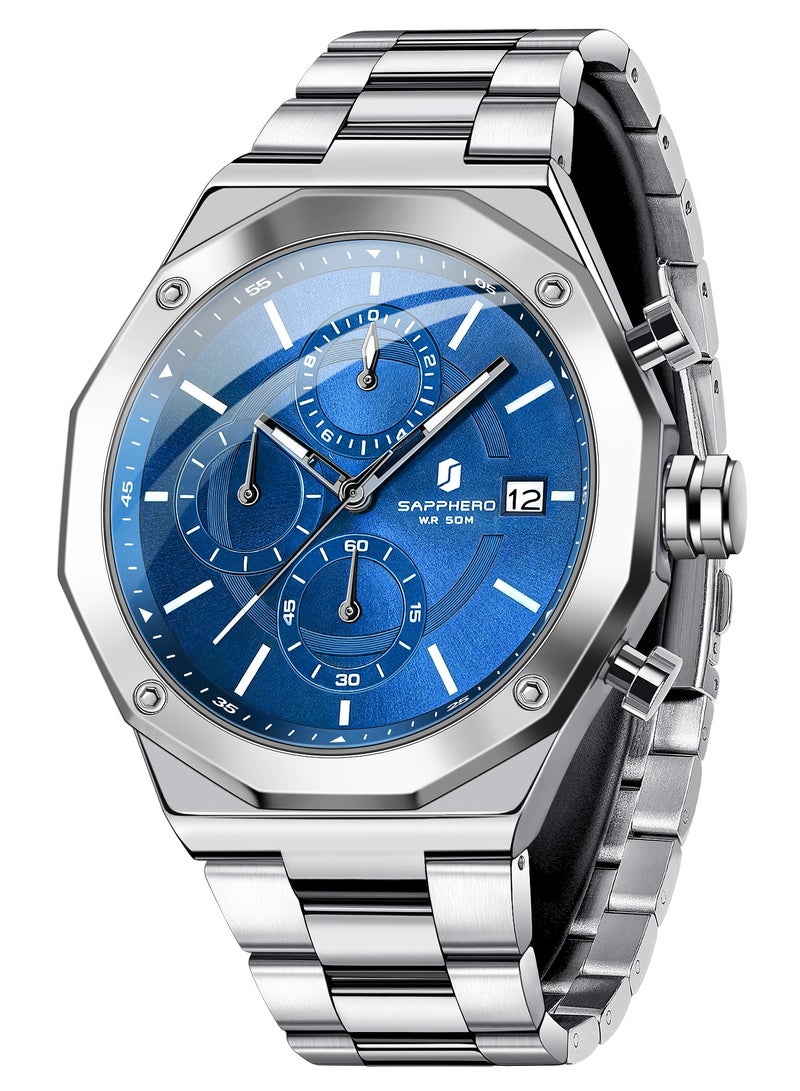 SAPPHERO Men's Wrist Watches Octagonal Stainless Steel Quartz Watch for Men 50M Waterproof Analog Movement with Date Elegant Mens Gift SO2203 - Image 2