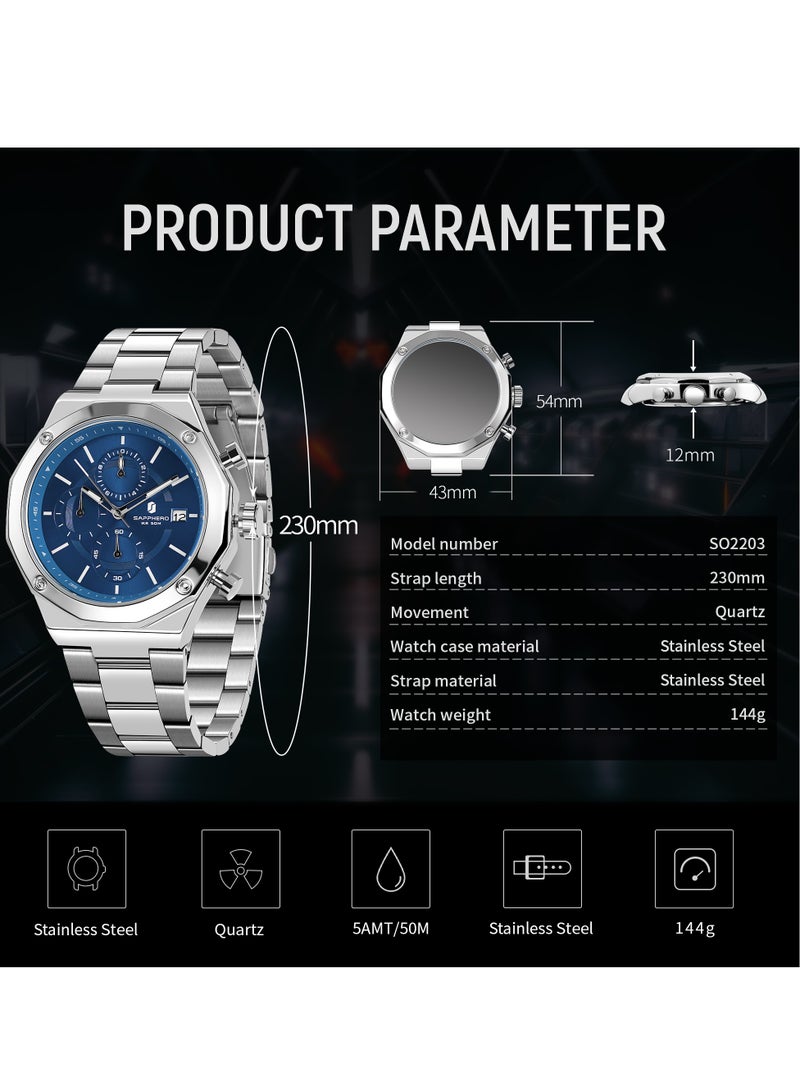 SAPPHERO Men's Wrist Watches Octagonal Stainless Steel Quartz Watch for Men 50M Waterproof Analog Movement with Date Elegant Mens Gift SO2203 - Image 5