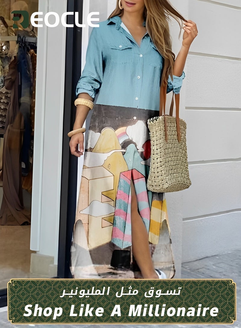 REOCLE Spring And Summer Shirt Long Skirt Dress for Women Casual Loose Design Long-sleeved Design Modify Figure  - Image 1