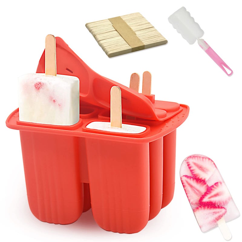 Bongpuda 6 Pieces Silicone Popsicle MoldsEasyRelease BpaFreeIce Pop Mold Ice Cream Molds For KidsWith 50 Pcs Popsicle SticksCleaning BrushRed