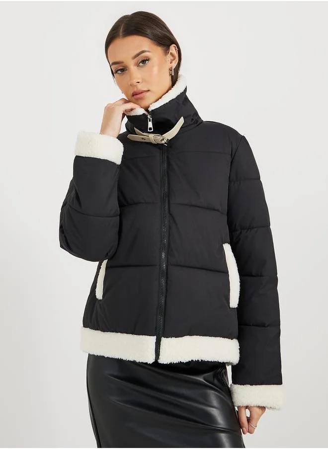 Styli Regular Fit Regular Length Padded Jacket with Faux Fur Lining