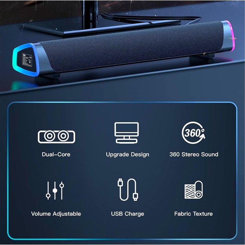 USB Wired Computer Speaker, RGB Computer Sound Bar Desktop Speaker, 3D Stereo Surround Sound Box with Volume Knob 3.5mm Audio Input for Desktop PC Laptop Smartphone Tablet-BLACK - Image 5