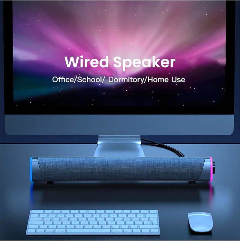 USB Wired Computer Speaker, RGB Computer Sound Bar Desktop Speaker, 3D Stereo Surround Sound Box with Volume Knob 3.5mm Audio Input for Desktop PC Laptop Smartphone Tablet-BLACK - Image 4