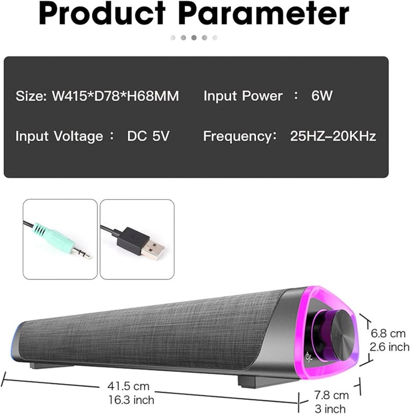 USB Wired Computer Speaker, RGB Computer Sound Bar Desktop Speaker, 3D Stereo Surround Sound Box with Volume Knob 3.5mm Audio Input for Desktop PC Laptop Smartphone Tablet-BLACK - Image 2