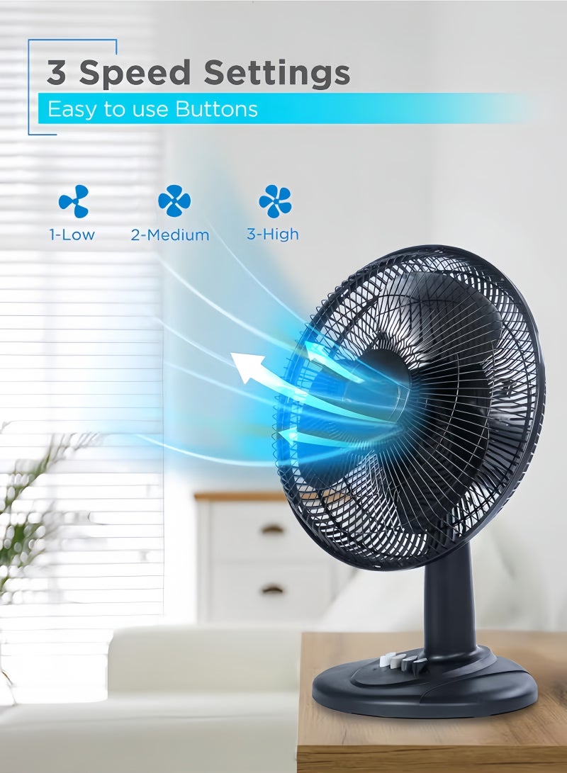 GGEROU مروحة طاولة متأرجحة مع زاوية قابلة للتعديل، تحكم سهل بزر ضغط، هادئة، 16 بوصة، 3 سرعات، مروحة مكتبية، تدفق الهواء 15.75 قدم/ثانية، مثالية للمنزل، غرفة النوم، السكن والمكتب، سوداء - Image 2