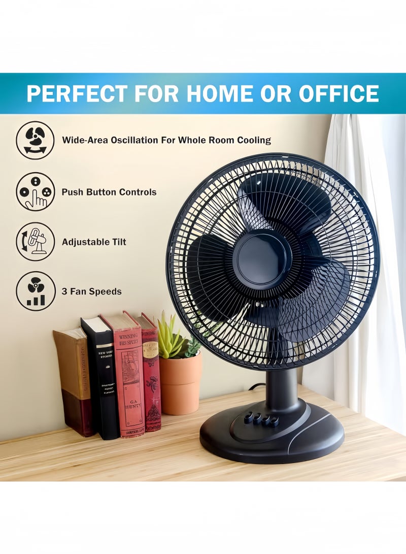GGEROU مروحة طاولة متأرجحة مع زاوية قابلة للتعديل، تحكم سهل بزر ضغط، هادئة، 16 بوصة، 3 سرعات، مروحة مكتبية، تدفق الهواء 15.75 قدم/ثانية، مثالية للمنزل، غرفة النوم، السكن والمكتب، سوداء - Image 3