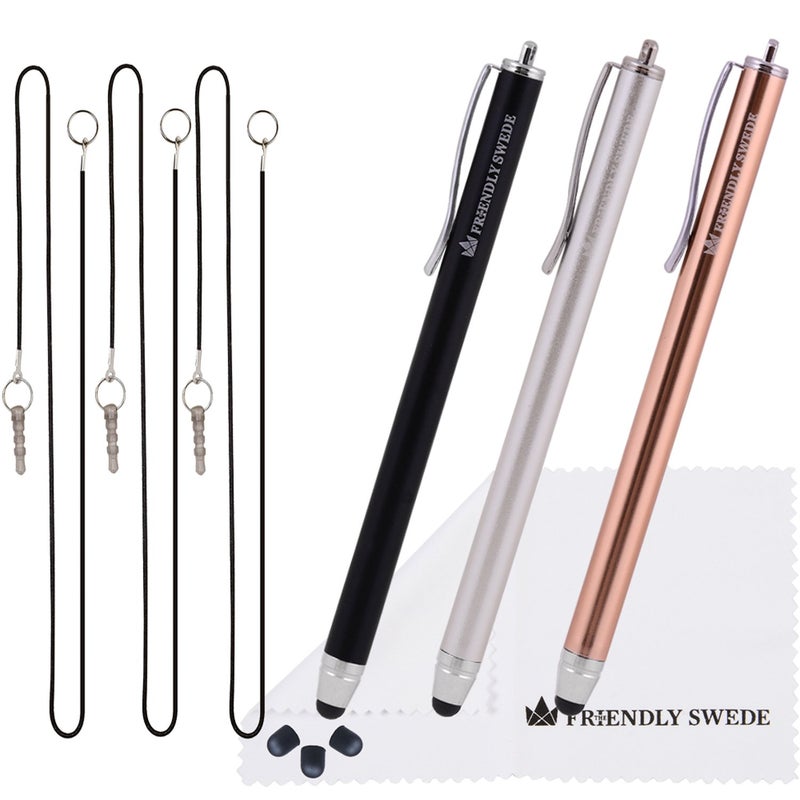 The Friendly Swede Stylus Pen for Touchscreen â€” 3-Pack 5.5" High Precision Stylus Pen with Replaceable Thin Tips, Elastic Lanyards & Screen Cleaning Cloth - Gold/Silver/Black - Image 1