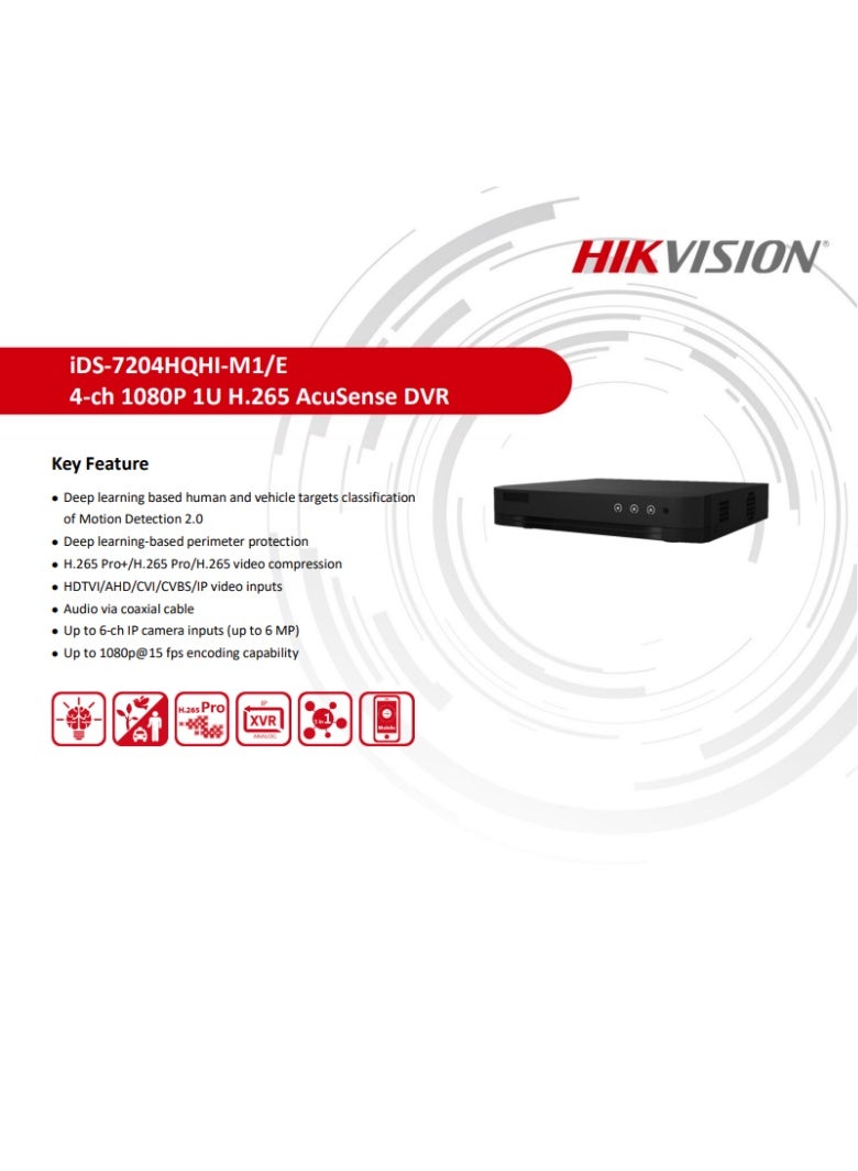 هيك فيجن مسجل فيديو رقمي من هيكفيجن 4 قنوات 1080P 1U H.265 AcuSense IDS-7204HQHI-M1/E - Image 3