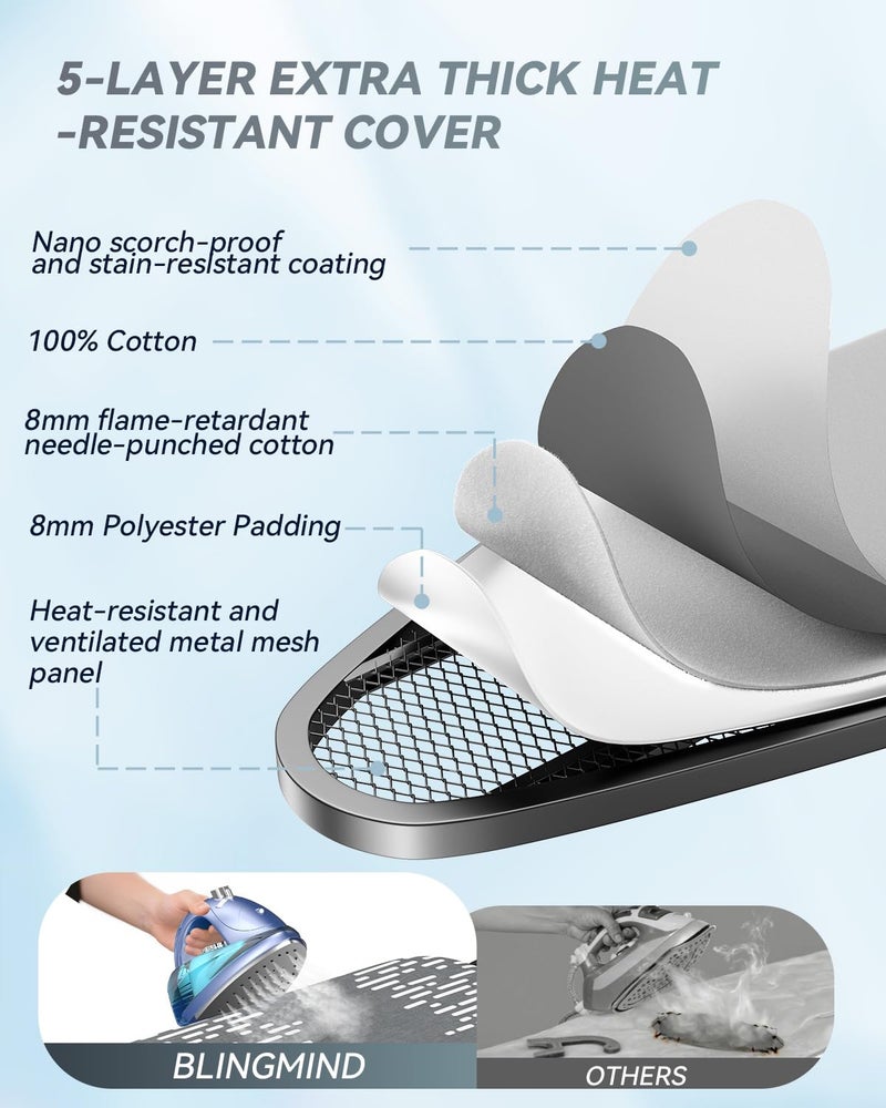 BLINGMIND Ironing Board Full Size 54"x13" - Adjustable Height Foldable Iron Board with Iron Rest, Heat-Resistant Cover & Ultra Thick Padding - Heavy-Duty Sturdy Design, Space-Saving Ironing Table (Grey) - Image 4