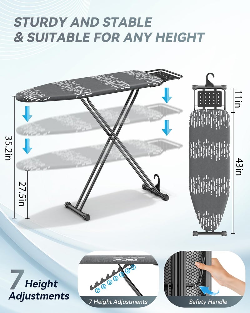 BLINGMIND Ironing Board Full Size 54"x13" - Adjustable Height Foldable Iron Board with Iron Rest, Heat-Resistant Cover & Ultra Thick Padding - Heavy-Duty Sturdy Design, Space-Saving Ironing Table (Grey) - Image 2