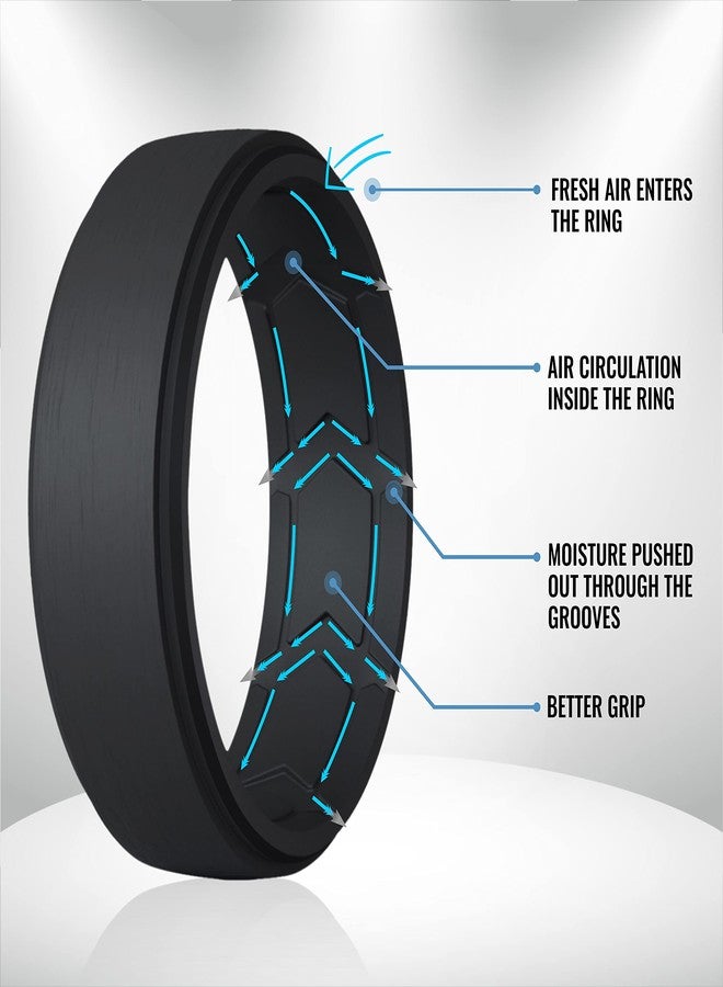 ROQ Breathable Silicone Wedding Bands for Men - Step Beveled Edge Design Silicone Ring with Inner Arrow Shape Grooves for Enhanced Breathability - Classic Thin Mens Silicone Rubber Wedding Ring - Image 2