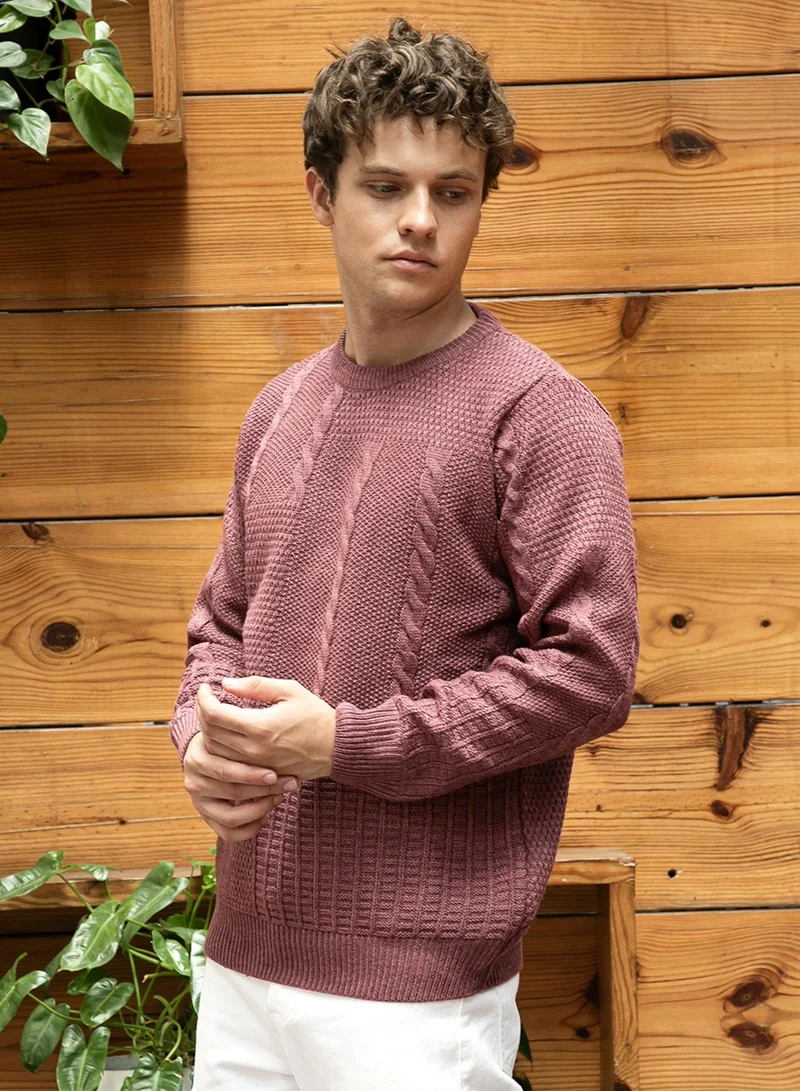 Campus Sutra Men's Mauve Brown Twist-Knit Pullover Sweater