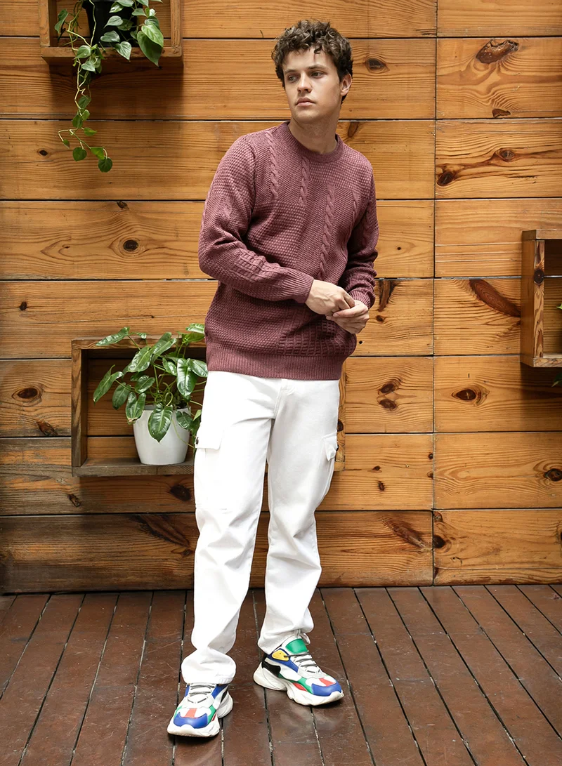 Campus Sutra Men's Mauve Brown Twist-Knit Pullover Sweater