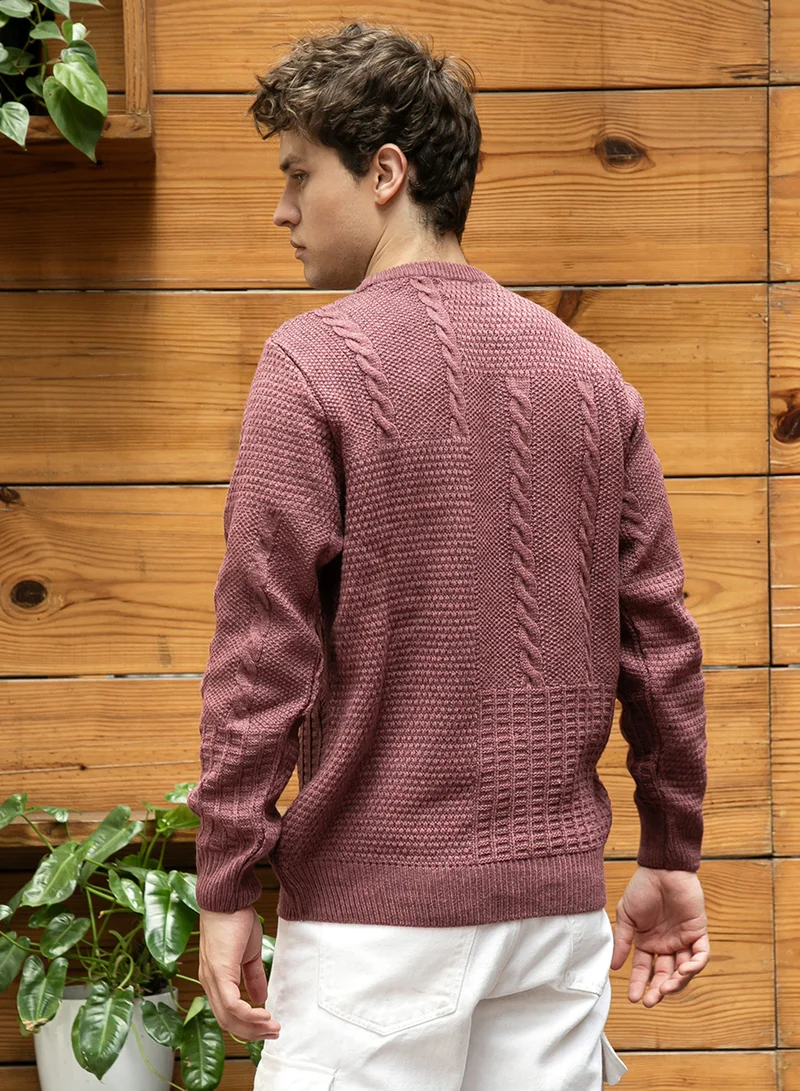 Campus Sutra Men's Mauve Brown Twist-Knit Pullover Sweater