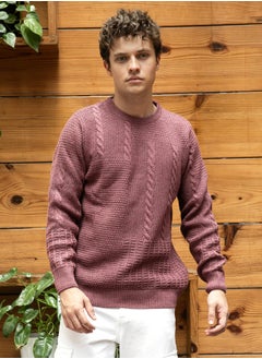 Campus Sutra Men's Mauve Brown Twist-Knit Pullover Sweater  - Image 2