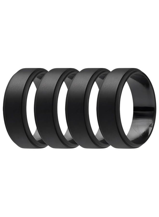 ROQ Silicone Rubber Wedding Ring for Men, Men's Wedding Band, Breathable Rubber Engagement Band, 8mm Wide 2mm Thick, Step Edge, 4 Pack, Black, Size 9, 9, Silicone, No Gemstone - Image 1