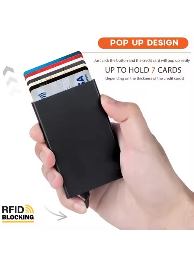 WAOKN Credit Card Holder Blocking Minimalist Slim Metal Case for Men Women, Automatic Pop-up Card Side Push Card Sleeve PU Metal Aluminum Shell RFID Card Sleeve with Multi Capacity Storage Black - Image 5