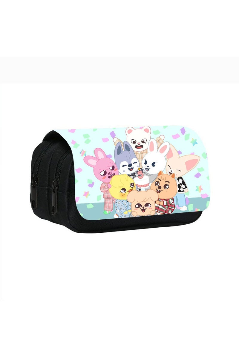 general Stray Kids skzoo Printed Double-Layer Pencil Case Kpop Merchandise Large Capacity Stationery Storage Bag for Primary and Secondary School Students Cartoon Idol Pattern Pencil Case - Image 1