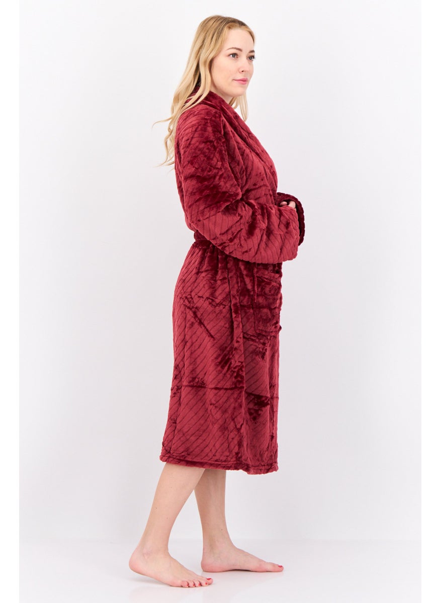 Kathy Ireland Women Fleece Belted Bath Robe, Burgundy  - Image 3