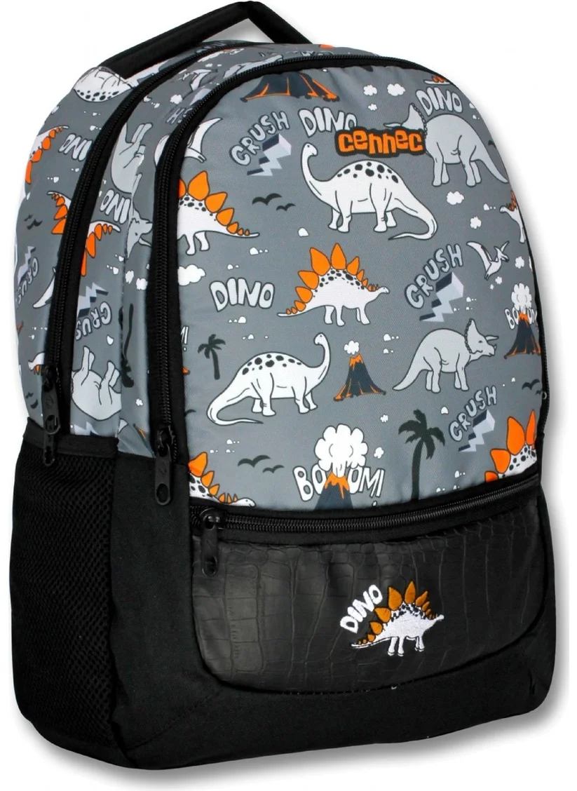 Ümit Çanta Cennec Black Gray Dinosaur Primary School Backpack and Pencil Case Set - Boy